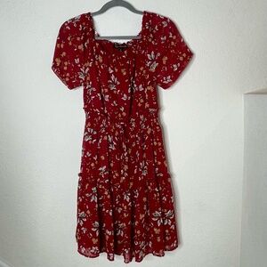 Ryan Michelle Off Shoulder Womens Floral Ruffled Lined Dress Size Medium Red